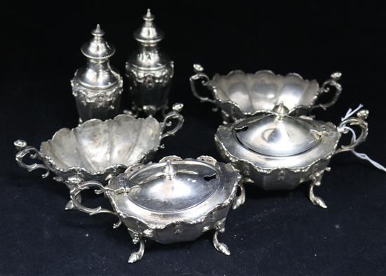 A George V six piece silver condiment set by Henry Matthews, Birmingham, 1927.